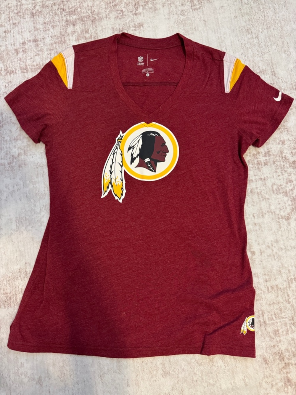 Nike Burgundy and Yellow V‑Neck Redskins Team Logo Tee